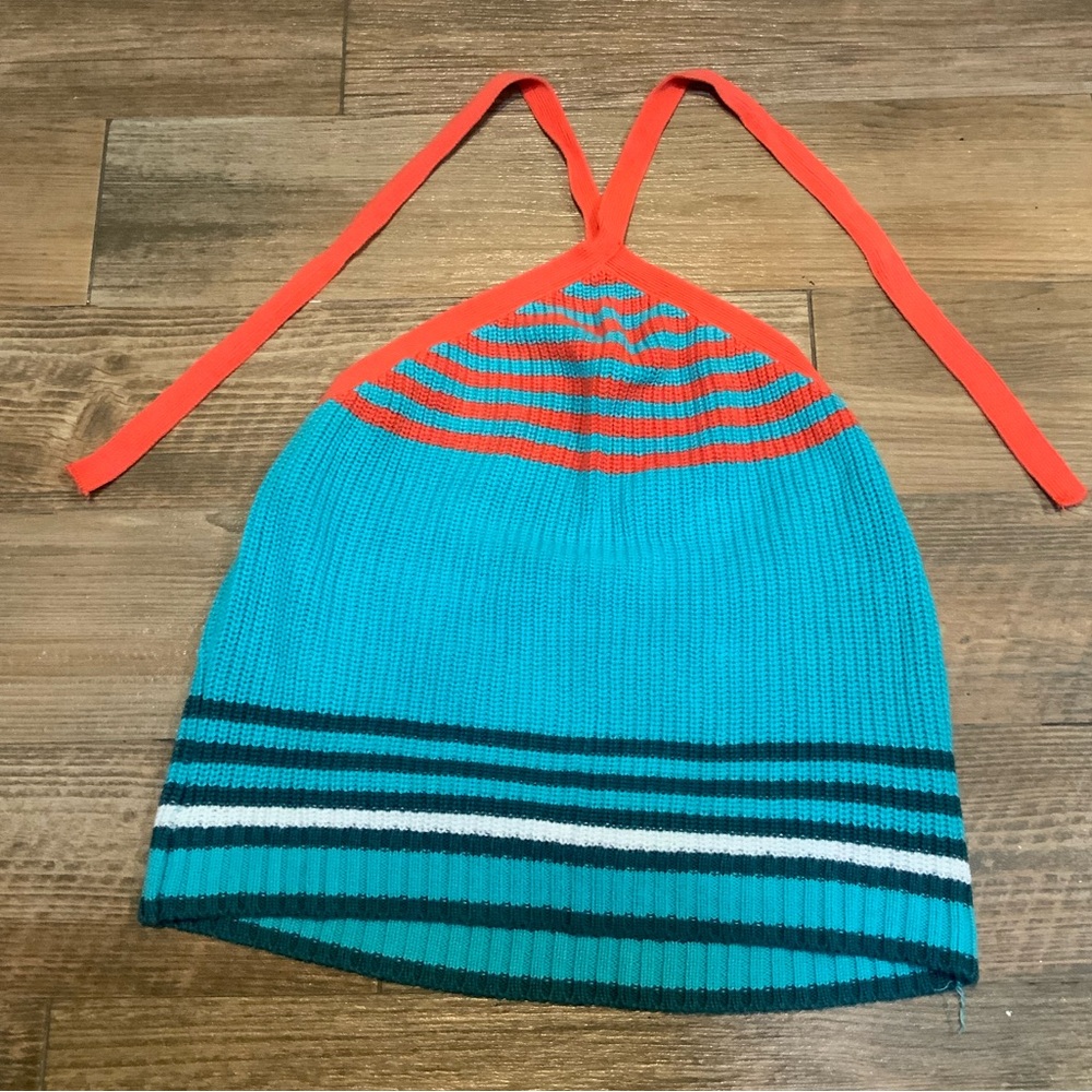 Zara Women’s Medium Block Striped Crochet Halter Crop Tank Top-Teal white Orange - Picture 10 of 10